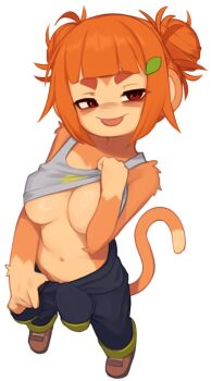 1girl :p animal_ears bare_shoulders black_pants bloons_tower_defense blunt_bangs blush body_fur breasts brown_fur clothes_lift clothes_pull double_bun grey_background grey_shirt hair_bun highres messy_hair monkey_ears monkey_girl monkey_tail navel orange_hair pants pants_pull red_eyes rosalia_(bloons) shirt shirt_lift simple_background smile solo tail tongue tongue_out yoako