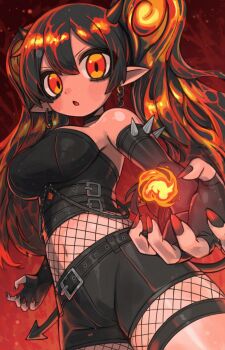 1girl bags_under_eyes belt black_belt black_choker black_gloves black_hair black_nails black_shorts black_tube_top blush breasts chain chain_earrings choker commentary cowboy_shot demon_girl demon_horns demon_tail double-parted_bangs english_commentary fingerless_gloves fire fishnet_leotard fishnets gloves highres horns ketopon large_breasts leotard long_hair multicolored_hair open_mouth orange_hair original pointy_ears pyrokinesis red_background red_hair red_nails shorts solo strapless tail tube_top twintails very_long_hair