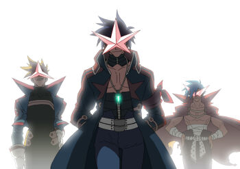 00s 3boys bad_id bad_pixiv_id belt blonde_hair blue_hair cape choker coat core_drill drill epic glowing kamina_(ttgl) kamina_shades kittan_bachika male_focus manly mazingkaizer multiple_boys muscular sarashi simon_(ttgl) simon_shades smirk sunglasses tengen_toppa_gurren_lagann topless_male trench_coat triangular_eyewear