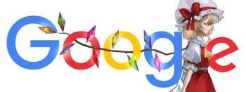 1girl absurdres ascot bow closed_eyes commentary_request copyright_logo cowboy_shot crystal_wings dedemaru flandre_scarlet from_side google hat hat_bow hat_ribbon highres logo mob_cap profile puffy_short_sleeves puffy_sleeves red_bow red_ribbon red_skirt red_vest reference_inset ribbon short_hair short_sleeves simple_background skirt skirt_set smile solo standing touhou vest white_background white_hat wings yellow_ascot