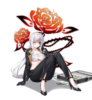 1girl black_gloves black_jacket black_pants black_shoes breasts chest_sarashi closers frown gloves hand_up high_heels highres jacket knees_up large_breasts levia_(closers) long_hair long_sleeves looking_to_the_side low_ponytail money official_art one_eye_closed open_clothes open_jacket pants parted_lips pointy_ears ponytail purple_eyes sarashi shaded_face shoes simple_background sitting solo suitcase sweatdrop underboob very_long_hair white_background white_hair