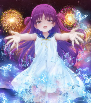 1girl bug butterfly dress fireworks grey_eyes highres insect katou_umi long_hair looking_at_viewer mutsuki_(moonknives) night open_mouth outstretched_arms purple_hair sailor_dress sky sleeveless sleeveless_dress solo star_(sky) starry_sky summer_pockets two_side_up water white_dress