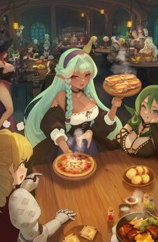 6+boys 6+girls absurdres alcina_(unicorn_overlord) amalia_(unicorn_overlord) amazon_(dragon's_crown) aqua_hair armlet armor beak berengaria_(unicorn_overlord) bikini_armor bird_girl black_hair blonde_hair blue_eyes blue_hair blush breasts brown_hair character_request cleavage dark-skinned_female dark_elf dark_skin detached_sleeves dragon's_crown dress elf fighter_(dragon's_crown) food gailey_(unicorn_overlord) glasses gloves green_eyes green_hair hat highres ilenia_(unicorn_overlord) jewelry knight large_breasts long_hair melisandre_(unicorn_overlord) multiple_boys multiple_girls muscular muscular_female odin_sphere one_eye_closed open_mouth owl_girl pizza pointy_ears puyoakira ramona_(unicorn_overlord) red_eyes rosalinde_(unicorn_overlord) sandwich scarlett_(unicorn_overlord) sorceress_(dragon's_crown) tongue tongue_out unicorn_overlord virginia_(unicorn_overlord) waitress white_hair witch_hat yahna_(unicorn_overlord)