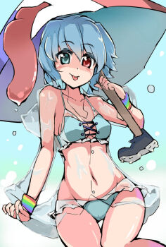 Rule 34 | 1girl, :p, alternate costume, aqua bikini, bikini, blue eyes, blue hair, blush, breasts, cleavage, female focus, heterochromia, karakasa obake, looking at viewer, matching hair/eyes, navel, puuakachan, raincoat, red eyes, see-through clothes, see-through raincoat, short hair, small breasts, smile, solo, sweatband, swimsuit, tatara kogasa, thigh gap, tongue, tongue out, touhou, umbrella, wide hips