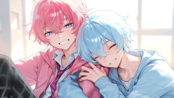 2boys blue_eyes blue_hair blue_hoodie closed_eyes colon_(stpri) grin hair_between_eyes hand_on_another&#039;s_arm highres hood hoodie jacket long_sleeves looking_at_viewer male_focus multiple_boys necktie pink_hair pink_jacket pink_necktie satomi_(stpri) short_hair smile strawberry_prince tsukishiro_yashiro