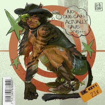 ... 1boy alternate_design animal_ear_piercing animal_ears antonio_leon_mars_(skcd_loen) arm_on_knee arm_scarf arm_tattoo armpit_hair artist_name back_hair bandaged_leg bandages bandaid bandaid_on_cheek bandaid_on_face bandaid_on_nose barcode belt black_belt black_claws black_hair black_hands black_hat boots brown_boots cat_ears cat_tail closed_mouth collared_vest colored_extremities commentary cowboy_boots cowboy_hat curled_fingers dartboard denim denim_shorts denim_vest drawn_star english_commentary english_text facial_hair facial_mark feathers from_side full_body gauze_on_thigh goatee gradient_background green_eyes green_hair half-closed_eyes hashtag-only_commentary hat hat_feather head_rest heart heart_tattoo highres jewelry leg_hair looking_ahead mouth_hold mullet multicolored_hair mustache_stubble mutton_chops necklace original pearl_necklace price_tag red_circle red_scarf ring_piercing scarf shell shell_necklace shorts skcd_loen skull_tattoo slit_pupils smile speech_bubble split-color_hair squatting stalk_in_mouth sticker stubble sweatdrop tail tan tattoo thick_arm_hair thick_back_hair thought_bubble two-tone_hair vest wavy_ends whisker_markings white_feathers