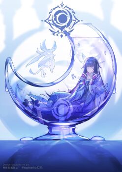 1girl air_bubble black_hair blunt_bangs bubble closed_eyes closed_mouth columbina_(genshin_impact) commentary_request crescent dress frilled_dress frills genshin_impact hair_ornament highres kukatsuma long_hair luonnotar_(genshin_impact) multicolored_hair purple_hair sitting solo submerged very_long_hair wing_hair_ornament