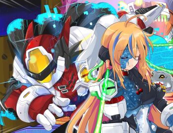 1boy 1girl ahoge black_hair blaster_master_zero blaster_master_zero_2 blonde_hair blue_hair blue_skin breasts closed_eyes colored_skin eve_(blaster_master_zero) fred_(blaster_master_zero) helmet jason_frudnick large_breasts mechanical_arms mismatched_sclera multicolored_skin robot_ears short_hair single_mechanical_arm tagme tonchinkan