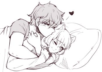 Rule 34 | 1boy, 1girl, animal ear fluff, animal ears, arm hug, blunt bangs, blush, commentary, couple, english commentary, greyscale, hair between eyes, half-closed eyes, head on pillow, heart, hetero, hug, hug from behind, iwatani naofumi, kiss, kissing cheek, long hair, long sleeves, looking at another, luxu, lying, messy hair, monochrome, nose, on side, one eye closed, pillow, protected link, raccoon ears, raccoon girl, raphtalia, shirt, short hair, short sleeves, simple background, sketch, smile, straight hair, tate no yuusha no nariagari, upper body