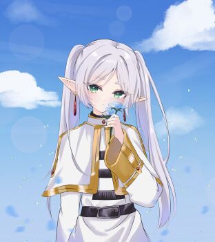1girl belt belt_buckle black_belt blue_background blue_flower blue_sky buckle capelet closed_mouth cloud commentary cowboy_shot day dear_arisu dress earrings elf english_commentary flower frieren green_eyes grey_hair hand_up highres holding holding_flower jewelry long_hair long_sleeves looking_at_viewer outdoors parted_bangs pointy_ears procreate_(medium) sky solo sousou_no_frieren teardrop_earrings twintails white_capelet white_dress