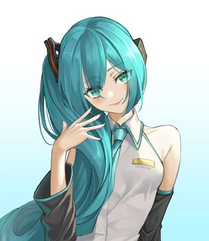 Rule 34 | 1girl, absurdres, aqua eyes, aqua hair, aqua necktie, armpit crease, black sleeves, closed mouth, collared shirt, commentary request, detached sleeves, gradient background, hair over one eye, hand up, hatsune miku, head tilt, highres, korean commentary, long bangs, long sleeves, meme, moon (restire), necktie, parted bangs, shirt, sidetail miku noodle stopper (meme), smile, solo, upper body, vocaloid, white shirt, wing collar
