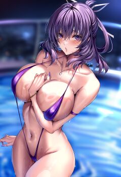 1girl absurdres bare_shoulders blurry blurry_background blush bracelet breasts collarbone commentary ear_piercing eiyuu_densetsu fingernails highres jewelry kai_no_kiseki kuro_(tbm9187) kuro_no_kiseki_(series) large_breasts long_fingernails looking_at_viewer medium_hair navel necklace one-piece_swimsuit parted_lips piercing purple_eyes purple_hair purple_nails purple_slingshot_swimsuit rixia_mao slingshot_swimsuit solo stomach swimsuit wet zero_no_kiseki