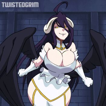 1girl albedo_(overlord) animated animated_gif black_hair bouncing_breasts breasts cleavage dancing dress female_focus gloves horns large_breasts long_hair overlord_(maruyama) smile solo twistedgrim white_dress white_gloves wings yellow_eyes