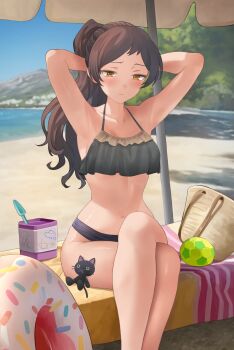 1girl absurdres armpits arms_behind_head arms_up bag ball beach beach_umbrella bikini black_bikini blush breasts brown_eyes brown_hair closed_mouth collarbone crossed_legs day hanamasa_ono highres idolmaster idolmaster_million_live! innertube kitazawa_shiho long_hair looking_down navel outdoors ponytail sitting solo stuffed_animal stuffed_cat stuffed_toy swim_ring swimsuit umbrella