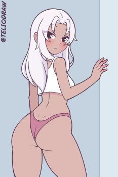 1girl absurdres against_wall ass blush breasts brown_eyes closed_mouth cowboy_shot crop_top dark-skinned_female dark_skin elma_(xenoblade_x) from_behind highleg highleg_panties highres indoors long_hair looking_at_viewer looking_back panties parted_bangs pink_panties shirt simple_background solo tank_top teliodraw thighs twitter_username underwear white_hair white_shirt white_tank_top xenoblade_chronicles_(series) xenoblade_chronicles_x