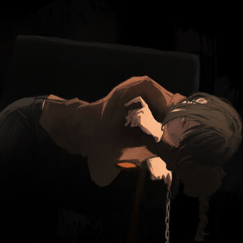 1girl black_hair black_pants brown_sweater chain chainsaw_man highres holding holding_chain min_(rewpfh2001) nayuta_(chainsaw_man) pants ringed_eyes solo sweater turtleneck turtleneck_sweater yellow_eyes