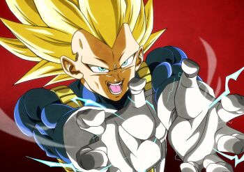 Rule 34 | 1boy, armor, blonde hair, blue bodysuit, bodysuit, commentary request, dragon ball, dragon ball daima, electricity, final flash, gloves, green eyes, highres, long hair, muscular, muscular male, no eyebrows, open mouth, red background, saiyan armor, shuiro art, skin tight, solo, spiked hair, super saiyan, super saiyan 3, upper body, vegeta, white armor, white gloves
