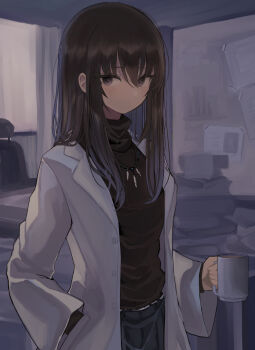1girl black_sweater blush book book_stack brown_eyes brown_hair closed_mouth coffee_mug commentary cowboy_shot cup hair_between_eyes hand_in_pocket highres hinomaru_(futagun) holding holding_cup indoors jewelry lab_coat long_hair long_sleeves looking_at_viewer mug necklace open_clothes original smile solo sweater turtleneck turtleneck_sweater unbuttoned whiteboard