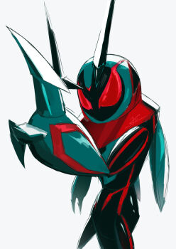 alternate_color bug compound_eyes cowboy_shot highres horns jcstr kamen_rider kamen_rider_zeztz kamen_rider_zeztz_(series) lokix nintendo pokemon pokemon_(creature) red_eyes simple_background sketch solo white_background