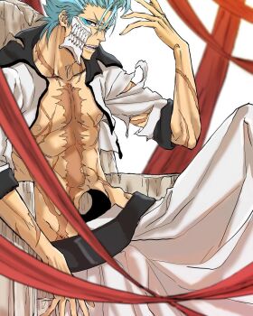 1boy abs bare_pectorals bleach blue_eyes blue_hair broken_mask chair commentary grimmjow_jaegerjaquez hashtag-only_commentary highres hole_in_stomach hollow_mask jacket kudou_masashi male_focus mask pants pectorals scar scar_on_arm scar_on_chest sitting solo toned toned_male torn_clothes torn_jacket white_pants