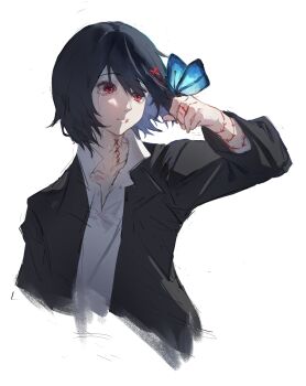 1boy black_hair black_jacket bug butterfly collarbone cropped_torso grey_shirt hair_ornament highres insect jacket long_sleeves male_focus mumu_millhayes open_clothes open_jacket red_eyes shirt short_hair simple_background suzuya_juuzou tears tokyo_ghoul tokyo_ghoul:re white_background x_hair_ornament