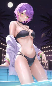 1girl absurdres alternate_costume bikini black_bikini black_choker blush breasts choker demon_girl demon_tail ear_piercing earrings full_moon gradient_hair green_eyes green_nails hair_ornament hairclip hashtag-only_commentary highres hololive jacket jewelry looking_at_viewer moon multi-strapped_bikini_bottom multicolored_hair nail_polish navel_piercing night o-ring o-ring_bikini off_shoulder outdoors palm_tree parallel_hairclips parted_lips partially_underwater_shot piercing pink_hair pointy_ears pool purple_hair revision shinigami_kiraki sky solo spiked_ear_piercing star_(sky) starry_sky stomach swimsuit tail tokoyami_towa tree virtual_youtuber wading water wet white_jacket x_hair_ornament