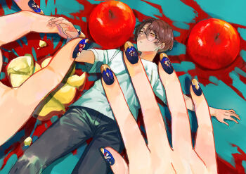 1boy 1other ambiguous_gender androgynous apple aqua_background black_pants blood blue_nails brown_hair chromatic_aberration cowboy_shot denim expressionless facial_hair feet_out_of_frame fingernails food foreshortening from_above fruit glasses gregor_(project_moon) grey_pants hair_between_eyes half-closed_eyes hand_grab hand_up held_down holding holding_another's_arm jeans jitome kikkoinu limbus_company liquid long_hair looking_at_viewer looking_up low_ponytail lying male_focus mini_person miniboy nail_art nail_polish on_back on_floor out_of_frame outstretched_arms pants parted_bangs parted_lips ponytail pov pov_hands project_moon restrained rimless_eyewear round_eyewear sanpaku shadow shirt short_hair short_sleeves solo_focus stubble surreal t-shirt very_short_hair white_shirt yellow_eyes yellow_nails