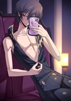 1boy bare_shoulders black_bodysuit blush bodysuit brown_hair cellphone chair code_geass highres holding holding_phone hougu_cg indoors lelouch_vi_britannia male_focus nipples phone purple_eyes sitting skinny smartphone solo unzipping