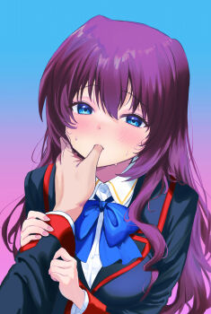 1boy 1girl a-chan_(little_busters!) absurdres black_jacket blue_background blue_bow blue_eyes blush bow breasts collared_shirt commentary_request eyelashes finger_in_another&#039;s_mouth finger_sucking fingernails grabbing_another&#039;s_arm gradient_background hair_between_eyes half-closed_eyes hands_up hetero highres jacket large_breasts little_busters! little_busters!_school_uniform long_hair long_sleeves looking_at_viewer miiizuno_lbs natsume_kyousuke nose_blush pink_background pov pov_hands purple_hair school_uniform shirt sidelocks simple_background solo_focus sweat tsurime very_long_hair wavy_hair white_shirt