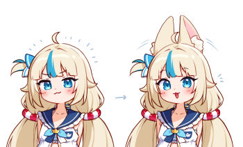 :3 animal_ear_fluff animal_ears blonde_hair blue_eyes blue_streaks cat_ears commentary dress english_commentary fins fish_girl fish_tail frilled_sailor_collar frills highres indie_virtual_youtuber lifebuoy_anklet lifebuoy_hair_ornament long_hair looking_at_viewer low_twintails moorina multicolored_hair one_side_up open_clothes open_dress paper_boat sailor_collar sameko_saba sameko_saba_(1st_costume) streaked_hair tail twintails very_long_hair virtual_youtuber white_dress