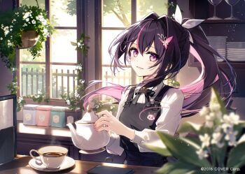 1girl apron azki_(hololive) black_apron black_bow black_hair blurry blurry_foreground bow braid coffee_pot collared_shirt commentary_request cup depth_of_field drinking_glass floating_hair flower hair_intakes hair_ribbon hanging_plant holding hololive indoors long_hair long_sleeves mochizuki_shiina multicolored_hair official_alternate_costume official_art parted_lips pink_hair plate plate_stack ponytail puffy_long_sleeves puffy_sleeves purple_eyes ribbon saucer shirt smile solo streaked_hair teacup tree two-tone_hair very_long_hair virtual_youtuber white_flower white_ribbon white_shirt window wine_glass