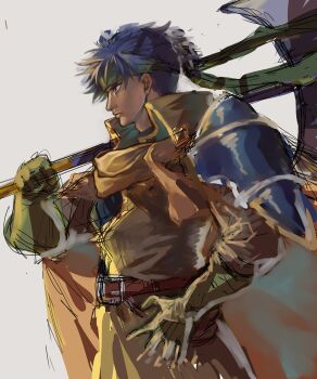 Rule 34 | 1boy, absurdres, armor, blue hair, commentary request, fire emblem, fire emblem: path of radiance, fire emblem heroes, gloves, green headband, hand on own hip, headband, highres, holding, holding weapon, ike (brave mercenary) (fire emblem), ike (fire emblem), male focus, nintendo, official alternate costume, over shoulder, pauldrons, short hair, shoulder armor, single pauldron, solo, tamaro pompom, weapon, weapon over shoulder