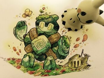 Rule 34 | absurdres, asymmetrical eyes, commentary request, flower, gen 5 pokemon, gen 7 pokemon, golett, grass, highres, mimikyu, moss, nintendo, no humans, outdoors, petals, pokemon, pokemon (creature), pokemon focus, ruins, simple background, traditional media, white background, yukichi 0611