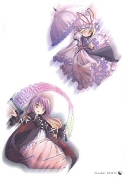 2girls absurdres alternate_hair_length alternate_hairstyle blonde_hair brown_eyes brown_hair cape covering_one_eye dress gradient_hair hat hat_ribbon highres hijiri_byakuren juliet_sleeves long_sleeves looking_at_viewer mob_cap motion_blur multicolored_hair multiple_girls open_mouth parted_lips pop puffy_sleeves purple_hair ribbon scan short_hair simple_background sorcerer&#039;s_sutra_scroll tabard touhou two-tone_hair umbrella white_background wide_sleeves yakumo_yukari