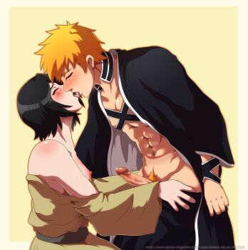 1boy 1girl black_hair bleach blush breasts censored closed_eyes kiss kuchiki_rukia kurosaki_ichigo lady_fantasma nipples orange_hair penis short_hair