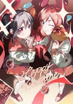 Rule 34 | 2girls, absurdres, black hair, blush, bow, box, chocolate, commentary request, english text, food, gift, gift box, hair bow, happy valentine, highres, holding, holding gift, inazuma (elect line), looking at viewer, love live!, love live! school idol project, multiple girls, necktie, nishikino maki, one eye closed, purple eyes, red eyes, red hair, red skirt, shirt, short twintails, simple background, skirt, socks, sparkle, sweets, twintails, valentine, white shirt, white socks, yazawa nico, yuri