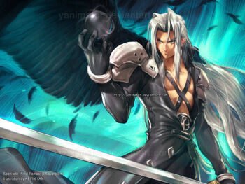 1boy black_gloves chest_belt coat commentary cowboy_shot deviantart_username english_commentary feathered_wings feathers final_fantasy final_fantasy_vii gloves green_eyes hair_intakes holding holding_orb holding_sword holding_weapon jacket kevin_yan long_hair male_focus open_clothes open_jacket sephiroth shoulder_pads single_wing smile solo sword very_long_hair watermark weapon web_address white_hair wings