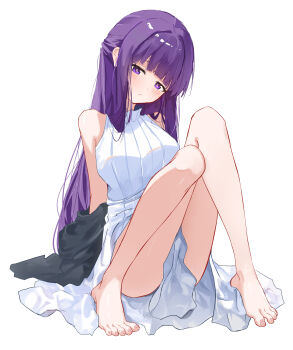 Rule 34 | 1girl, absurdres, bare legs, bare shoulders, barefoot, blunt bangs, blush, breasts, chinese commentary, closed mouth, commentary request, dress, feet, fern (sousou no frieren), full body, half updo, head tilt, highres, jacket, knees together feet apart, knees up, large breasts, legs, long hair, looking at viewer, purple eyes, purple hair, simple background, sitting, sleeveless, sleeveless dress, solo, sousou no frieren, toes, traum, very long hair, white background, white dress
