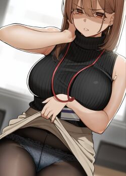 1girl bare_shoulders black_pantyhose black_sweater breasts brown_eyes brown_hair clothes_lift commentary_request covered_navel earrings id_card jewelry lanyard large_breasts long_hair mole mole_on_arm mole_under_eye office_lady ol-chan_(udon) original panties pantyhose pencil_skirt ribbed_sweater see-through_clothes see-through_pantyhose shirt skirt skirt_lift sleeveless sleeveless_sweater sleeveless_turtleneck solo sweater turtleneck udon_(udonalium) underwear white_panties