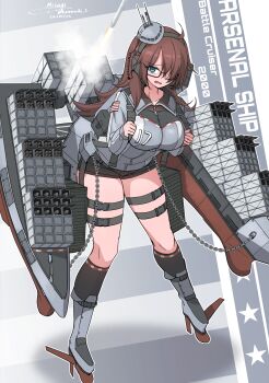 1girl absurdres aqua_eyes black-framed_eyewear black_shorts black_socks breasts brown_hair commentary_request cruise_missile english_text glasses grey_jacket hair_over_one_eye headgear headset highres huge_breasts jacket large_breasts long_hair mecha_musume micro_shorts military_vehicle missile original personification ship shorts socks teisei_misagi thigh_strap vertical_launching_system_(vls) very_long_hair warship watercraft