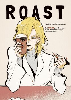 Rule 34 | 1girl, absurdres, alternate costume, black lips, blonde hair, blue eyeshadow, chinese commentary, closed eyes, commentary, cup, disposable coffee cup, disposable cup, earrings, english text, eyeshadow, grey sweater, hair over one eye, highres, holding, holding cup, holding pen, jacket, jewelry, langley (path to nowhere), makeup, marker, medium hair, mitsukyou, mole, mole on neck, nail polish, one eye covered, path to nowhere, pen, red nails, simple background, sleeves past wrists, smile, solo, suit jacket, sweater, table, turtleneck, turtleneck sweater, upper body, white jacket, yellow background