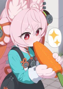 1girl ahoge animal_ear_fluff animal_ears blush braid bright_pupils carrot commentary_request dress ear_piercing eating furry furry_female holding holding_carrot long_hair long_sleeves murasaki3 piercing pink_fur pink_hair rabbit_ears rabbit_girl rabbit_tail red_eyes short_dress spoken_sparkle tail thick_eyebrows twin_braids white_pupils zenless_zone_zero zhao_(zenless_zone_zero)