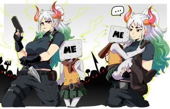 ... 1boy 1girl 6+others ahoge aqua_hair artist_self-insert ashley_graham ashley_graham_(cosplay) bare_arms bare_shoulders belt boots breasts brown_eyes carrying combat_knife cosplay cropped_legs crowd curled_horns fingerless_gloves furrowed_brow gloves green_hair gun hair_ornament hair_stick handgun height_difference high_ponytail highres holding holding_gun holding_knife holding_weapon horns knife large_breasts leon_s._kennedy leon_s._kennedy_(cosplay) lewdamone long_hair looking_at_another miniskirt multicolored_hair multicolored_horns multiple_others multiple_views one_piece oni orange_horns pants plaid_clothes plaid_skirt ponytail princess_carry red_horns resident_evil resident_evil_4 reverse_grip scared scarf shirt short_sleeves silhouette skirt spoken_ellipsis sweat sweater_vest very_long_hair weapon white_hair yamato_(one_piece)