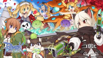 2boys 4girls animal_ears argyle_clothes argyle_dress bandolier belt black_belt black_sandals blonde_hair blue_eyes blue_sky breasts brown_cape brown_coat brown_eyes brown_hair cape cat_boy cat_ears character_request chibi chibi_only cloud coat copyright_notice cowboy_shot dalcom_(ragnarok_online) dark_meloring day dragon dress food fox fruit fur-trimmed_cape fur-trimmed_crown fur_coat fur_trim furry furry_male gem glint green_jacket grey_dress grey_hair grin gun handgun highres holding holding_gun holding_weapon in-universe_location jacket logo long_hair looking_afar medium_breasts meister_(ragnarok_online) melon multiple_boys multiple_girls musical_note night_watch_(ragnarok_online) official_art official_wallpaper open_clothes open_jacket open_mouth outdoors pants pointy_ears princess_meer purple_eyes purple_gemstone ragnarok_online red_cape sandals shirt short_hair sky slime_(creature) smile spirit_handler_(ragnarok_online) spoken_musical_note tower v-shaped_eyebrows weapon white_dress white_hair white_pants white_shirt yuichirou