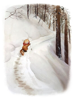 ._. animal bare_tree border commentary english_commentary forest from_behind full_body highres hiking holding looking_at_viewer nature original outdoors red_panda red_scarf scarf scenery snow snowing solo tail tree vivien_wu white_border white_theme wide_shot winter