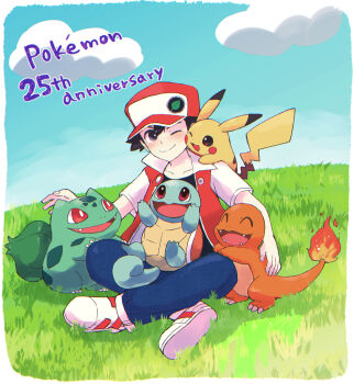 1boy absurdres anniversary black_shirt blue_pants bulbasaur charmander cheek-to-cheek cloud collarbone copyright_name day gen_1_pokemon grass hat heads_together highres male_focus nintendo on_lap on_shoulder one_eye_closed outdoors pants pikachu pokemon pokemon_(creature) pokemon_on_lap pokemon_on_shoulder pokemon_rgby red_(pokemon) red_eyes red_hat shirt shoes short_sleeves sitting smile squirtle white_shoes y_m_10kas