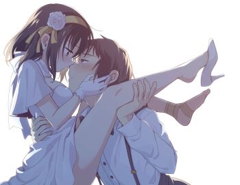 Rule 34 | 1boy, 1girl, black pants, brown eyes, brown hair, commentary request, couple, dress, flower, from side, gloves, hair flower, hair ornament, hairband, hetero, high heels, highres, kyon, long sleeves, looking at another, medium hair, official alternate costume, pants, ribbon, shirt, shoes, short hair, simple background, single shoe, suspender pants, suzumiya haruhi, suzumiya haruhi no yuuutsu, taiki (6240taiki), white background, white dress, white gloves, white shirt, white shoes, yellow hairband, yellow ribbon