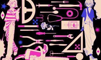 Rule 34 | 18trip, 2boys, ahoge, blank speech bubble, blue outline, braid, chain, chain earrings, chainsaw, charm (object), collared shirt, duct tape, earrings, fish hook, flower, fork, gloves, hachinoya nagi, hair between eyes, hair intakes, hammer, hand mirror, highres, jewelry, kitchen knife, knife, long sleeves, male focus, mirror, mousetrap, multiple boys, multiple earrings, open mouth, outline, overalls, parted bangs, partially colored, patterned clothing, pink outline, planet necklace, pliers, ponytail, protractor, rose, sanecooooooo, scalpel, scissors, screwdriver, set square, shapes, shirt, shoes, short hair, short ponytail, side ponytail, smile, speech bubble, spoon, star (symbol), stethoscope, syringe, table knife, thought bubble, tweezers, twin braids, wrench, yowa netaro