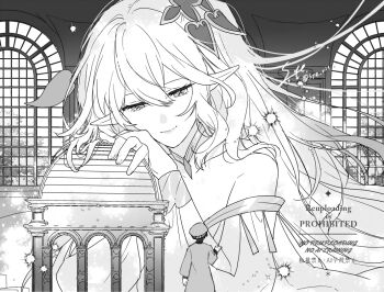 1boy 1girl aged_up akademiya_uniform alternate_costume alternate_hairstyle arm_at_side artist_name bare_shoulders beret closed_mouth commentary_request cosplay cross-shaped_pupils detached_sleeves dress eyelashes fingernails from_behind genshin_impact giant giantess greyscale hair_ornament half-closed_eyes hand_up hat heart heart_hair_ornament indoors jewelry leaf leaf_hair_ornament long_hair looking_at_another monochrome nahida_(genshin_impact) neck_ring own_hands_together pillar pointy_ears robe rukkhadevata_(genshin_impact) rukkhadevata_(genshin_impact)_(cosplay) scaramouche_(genshin_impact) smile strapless strapless_dress syerii symbol-shaped_pupils time_lapse tsurime twitter_username watermark window