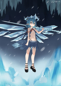 1girl absurdres alternate_costume artist_name black_panties black_shoes blue_eyes blue_hair blue_skirt chinese_commentary cirno cirno_day closed_mouth commentary_request dated detached_wings full_body hair_between_eyes highleg highleg_panties highres ice ice_wings looking_at_viewer medium_hair meiwei_doufu_gou navel neck_ribbon panties pointy_ears red_ribbon ribbon shoes skirt snowing solo stomach touhou underwear wings